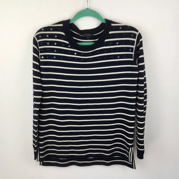 J. Crew 100% Merino Wool Navy White Stripes Embellished Crewneck Sweater sz XS - Picture 1 of 8